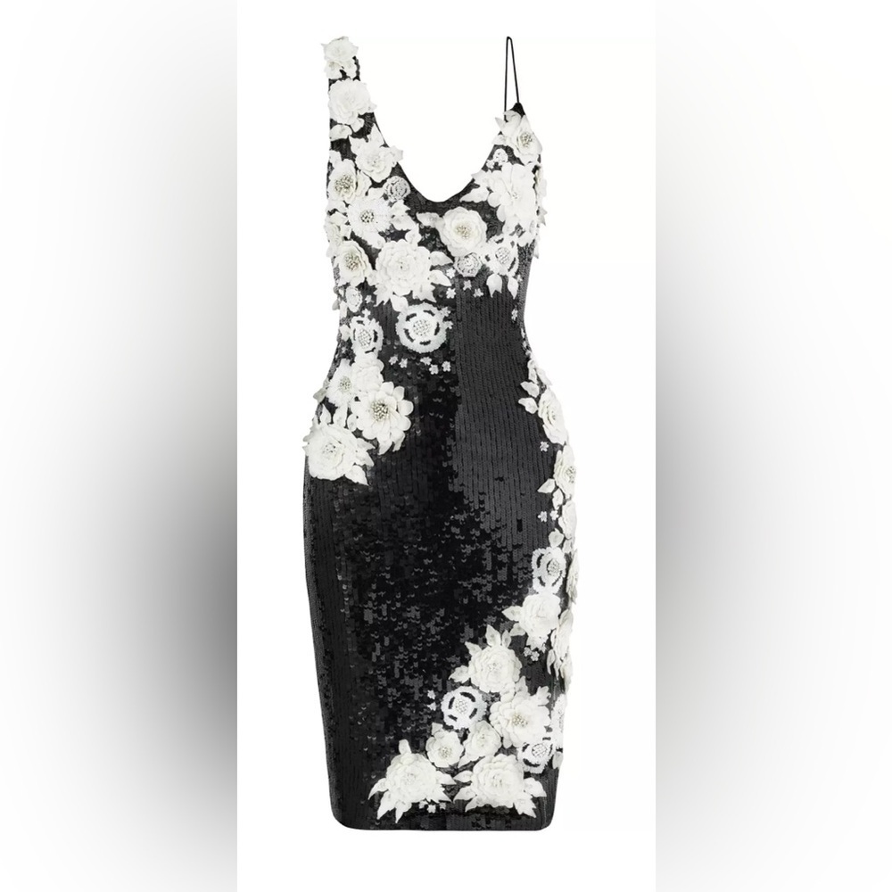 Alice+Olivia FRANCIE Asymmetric Floral Appliques Sequin Embellished Fitted Dress